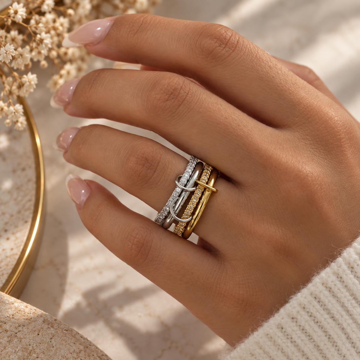 Bague Multi-Rangs 3 en 1 Cristaux — finition bicolore argenté & doré