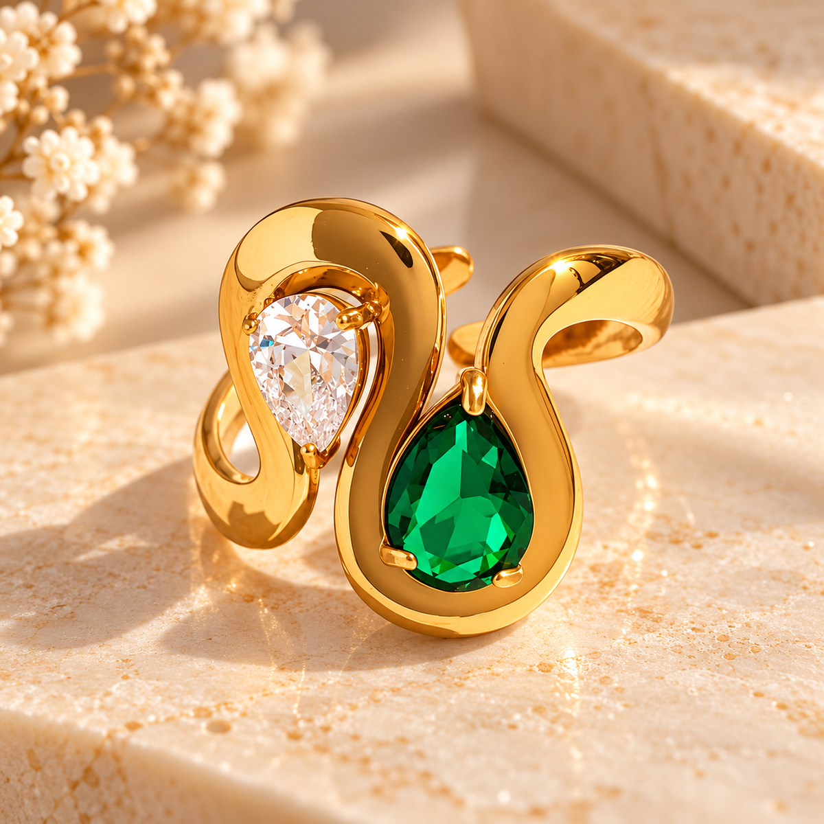 Bague dorée à volutes et gouttes lumineuses – blanc ou vert
