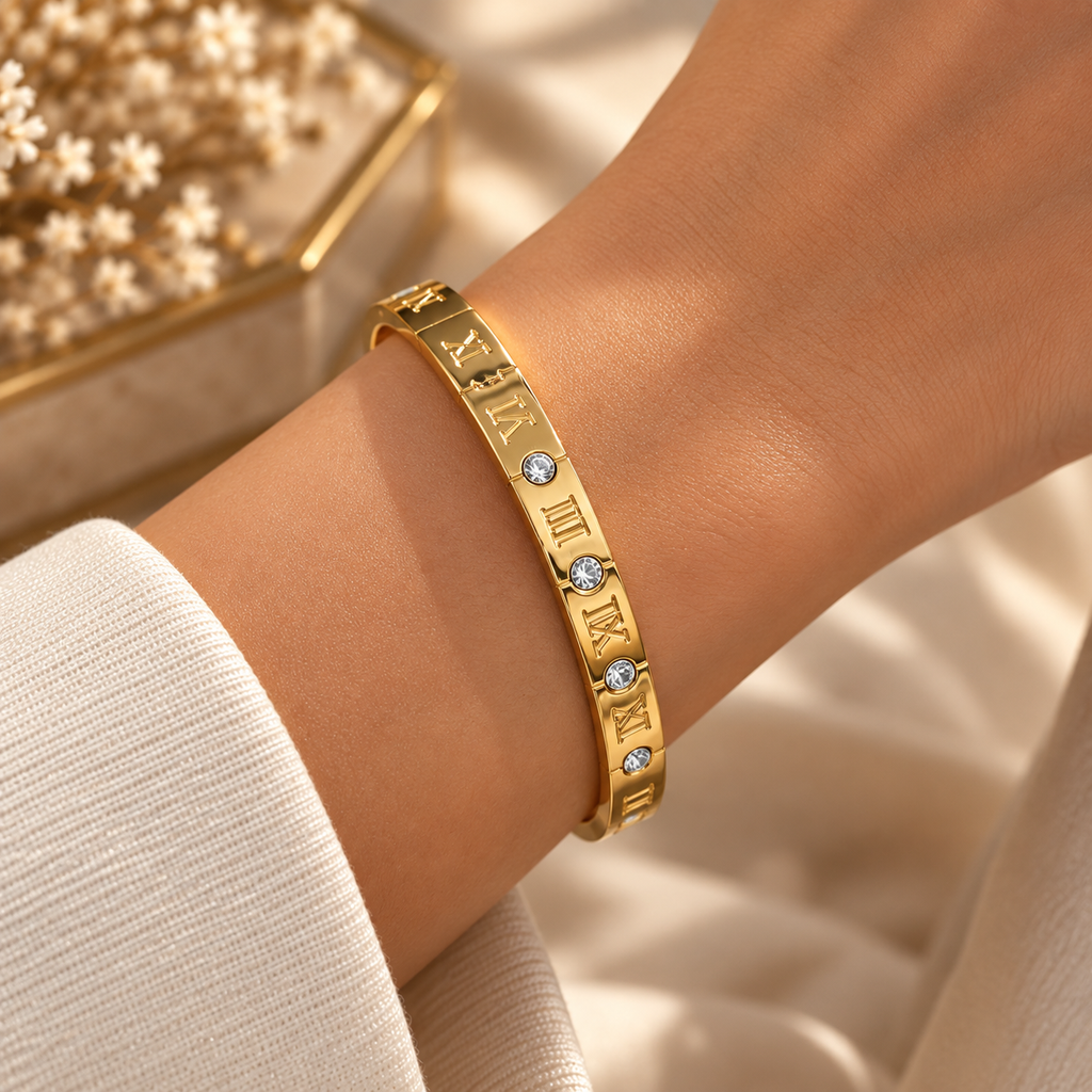 Bracelet Jonc Chiffres Romains & Zircons Doré