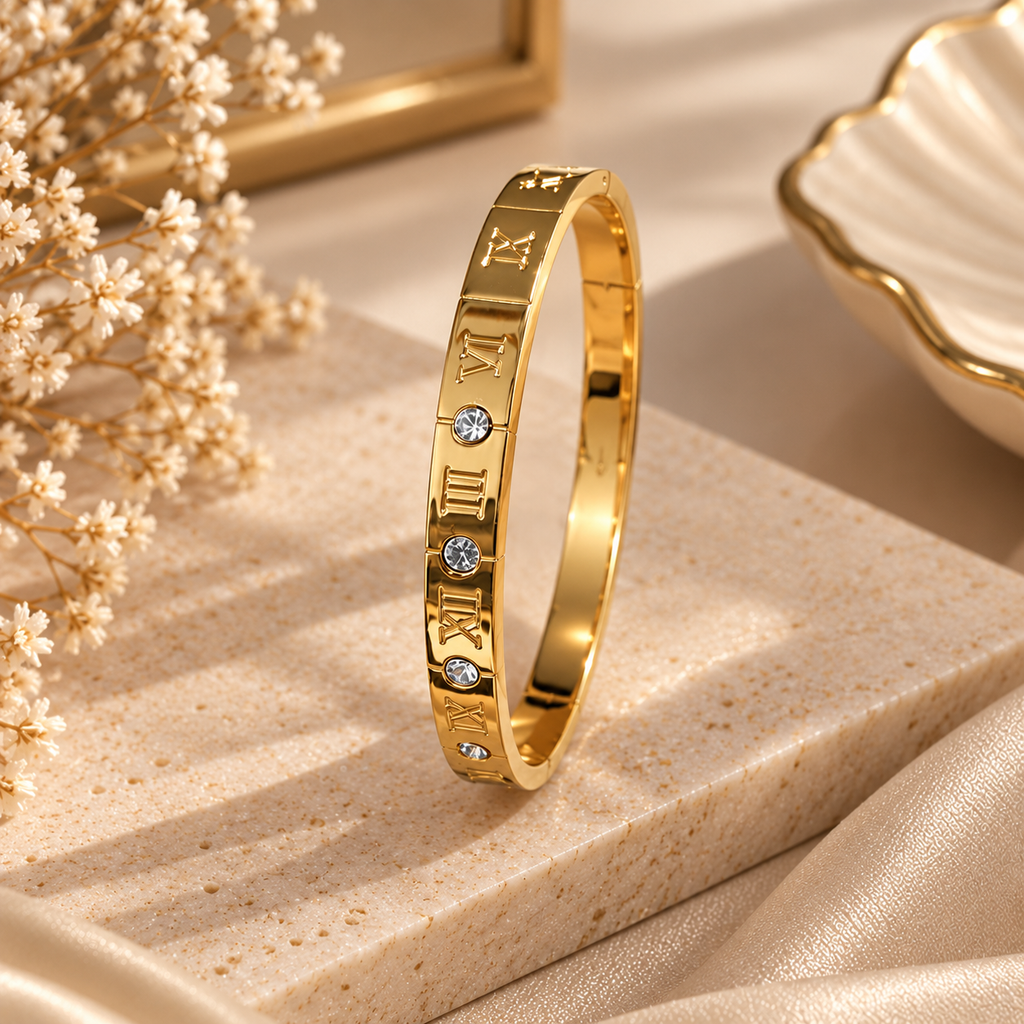 Bracelet Jonc Chiffres Romains & Zircons Doré
