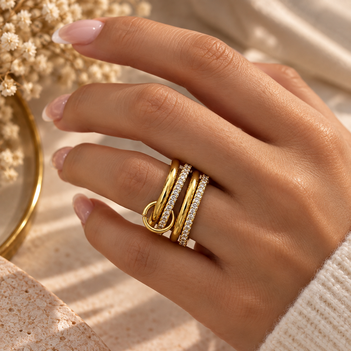 Bague Multi-Rangs 3 en 1 Cristaux — finition tout dorée