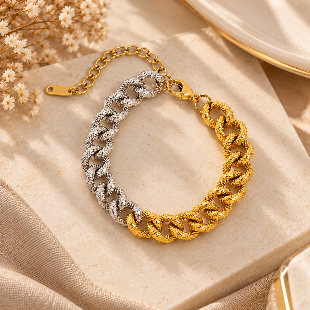 Bracelet Chaîne Cubaine Torsadée — Or & Bicolore