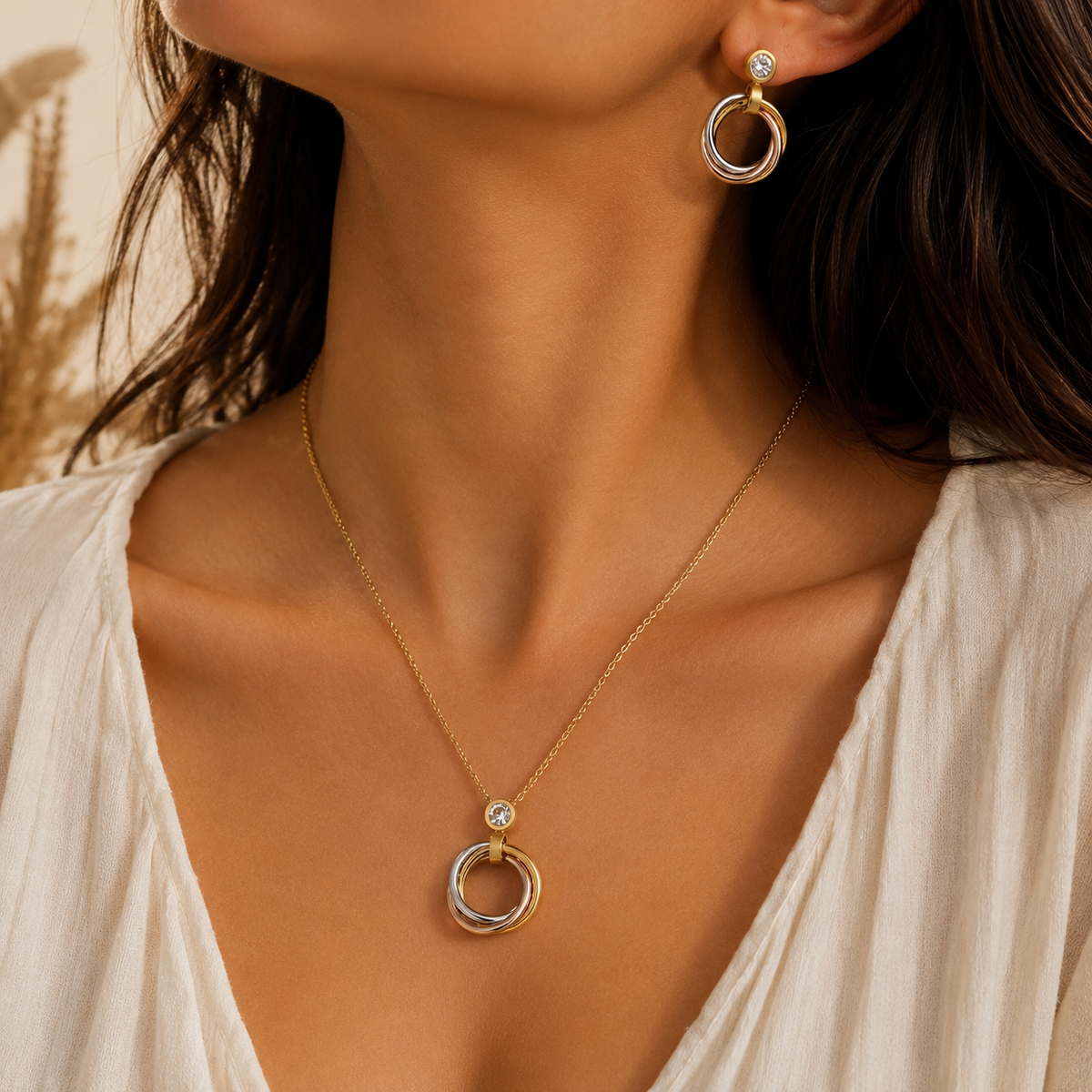 Parure Trinity — Collier & Boucles d’Oreilles Tricolore Zircons