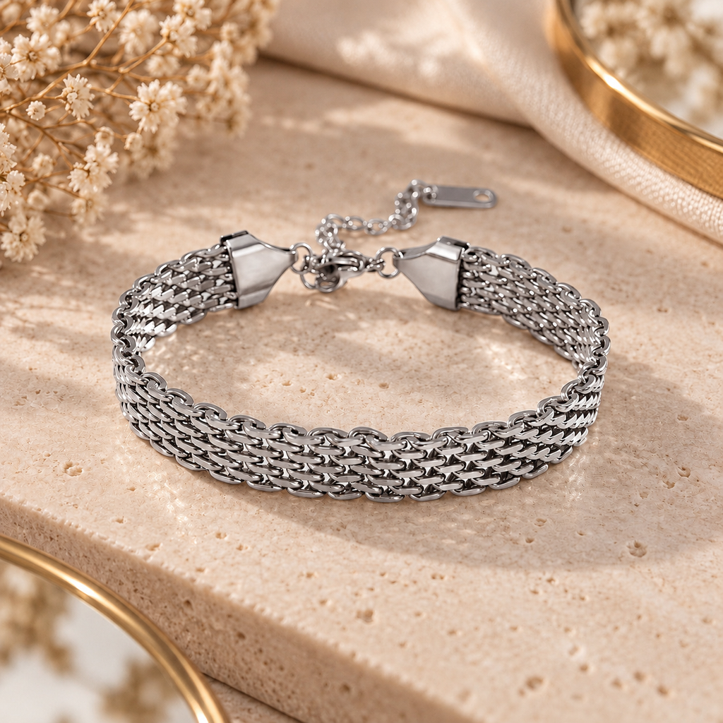 Bracelet Maille Tissée Large — finition argentée