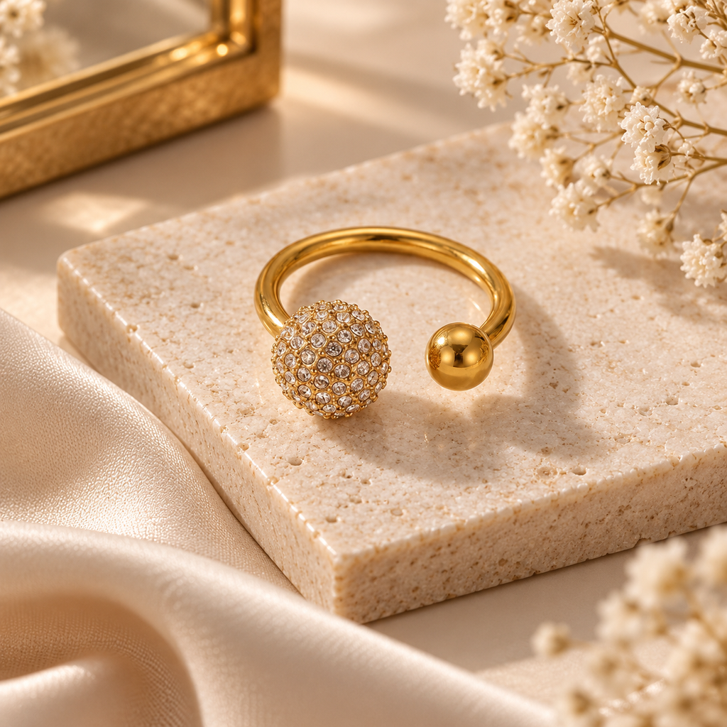 Bague Sphère Cristaux & Mini Boule Dorée