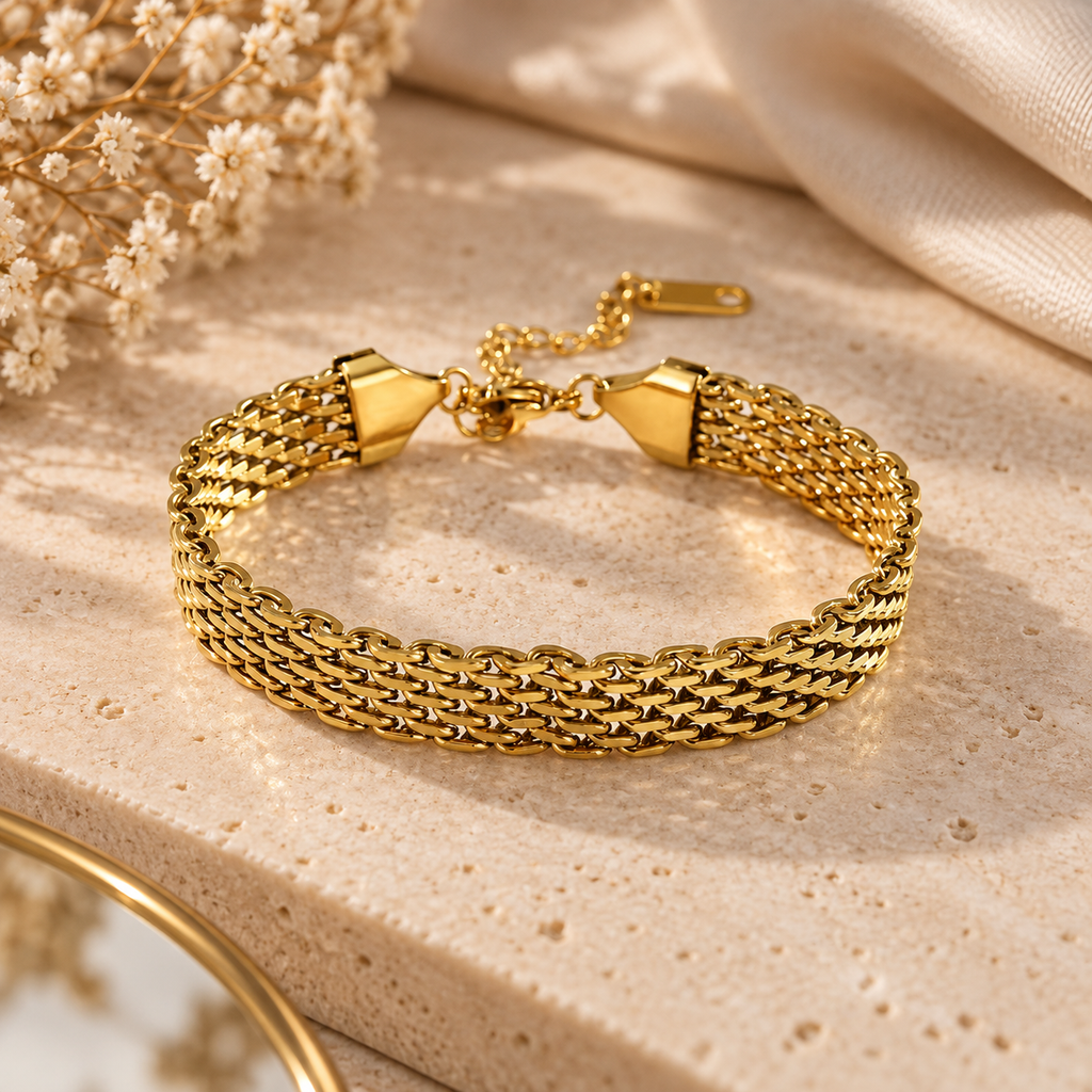 Bracelet Maille Tissée Large — finition dorée