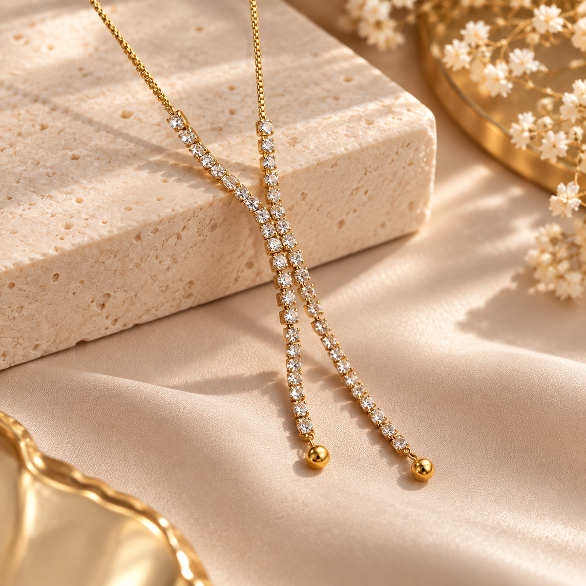 Collier Lariat Tennis Cristaux Doré — vue produit