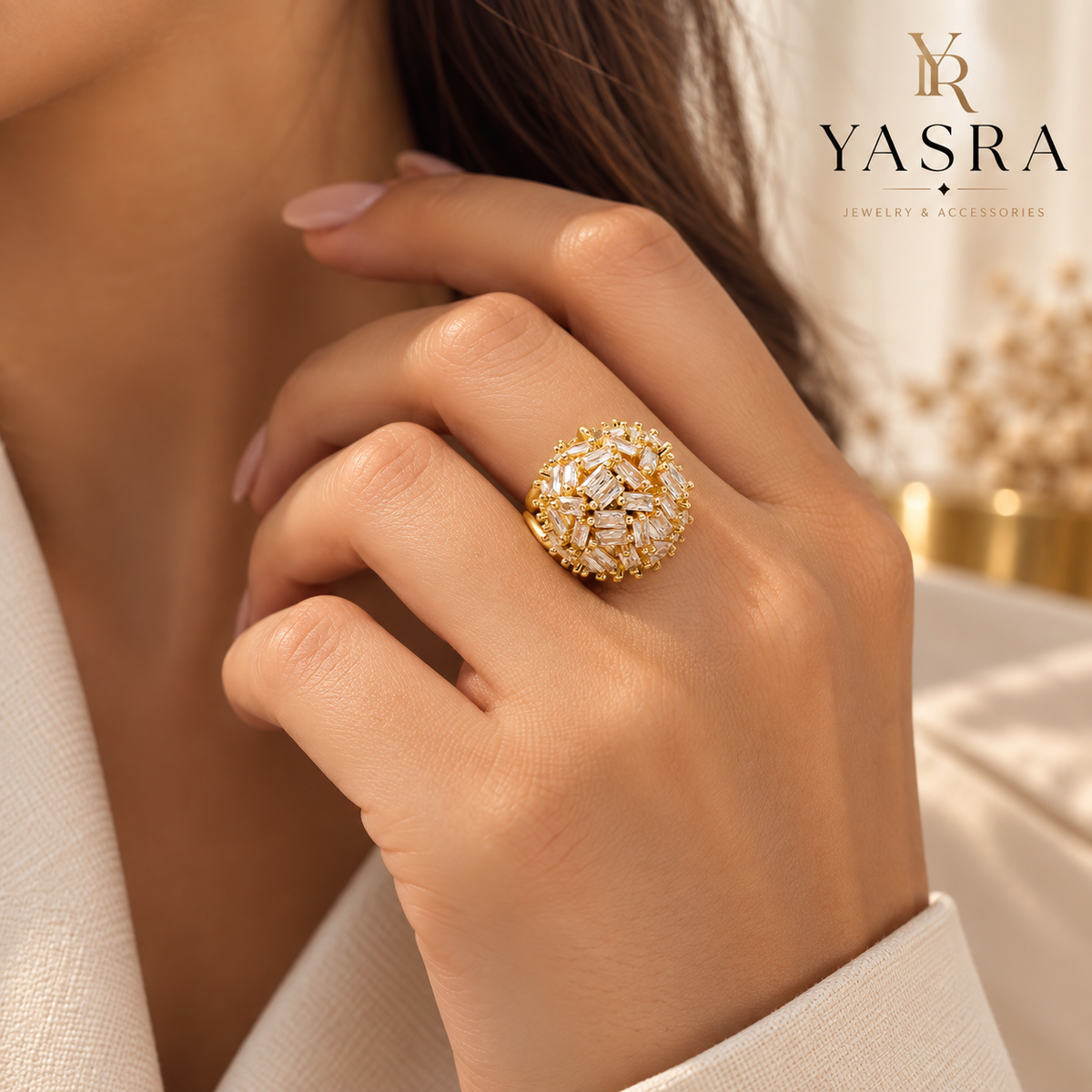 Bague Dôme Zircons Baguettes Dorée