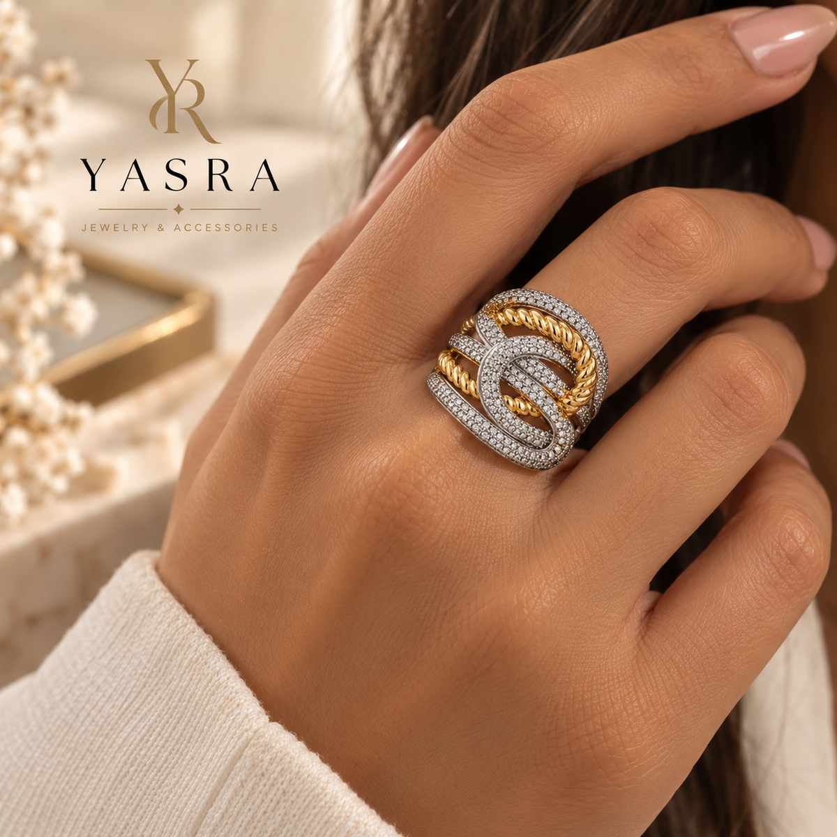 Bague Large Multi-Rangs Torsadée & Zircons Bicolore