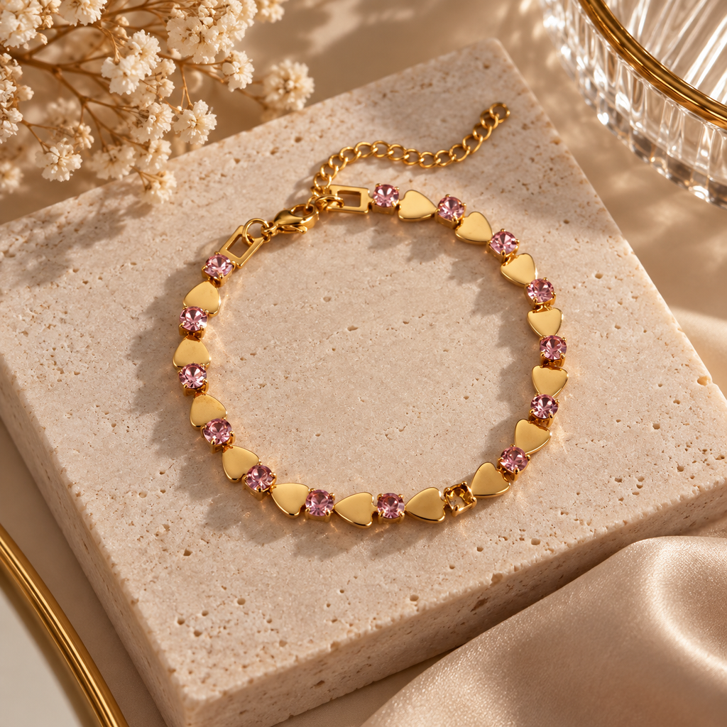 Bracelet Tennis Cœurs Dorés & Cristaux Roses — vue produit