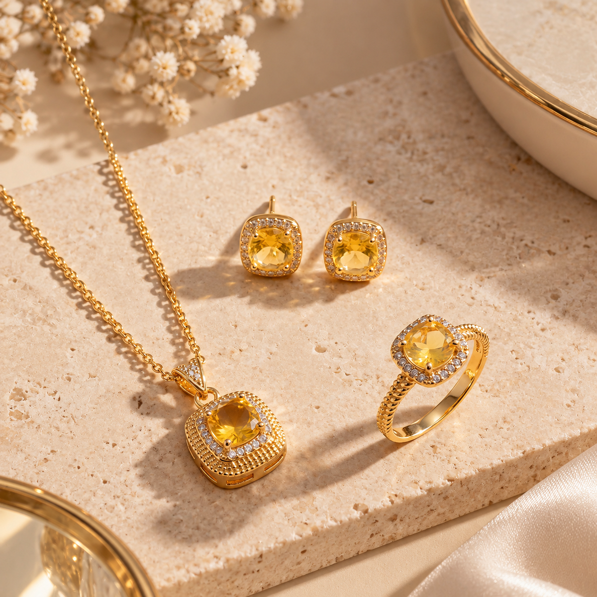 Parure Citrine Dorée 3 Pièces — collier, boucles d'oreilles et bague