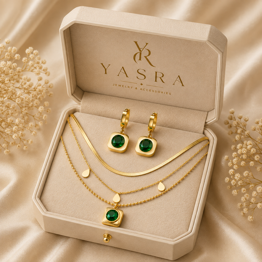Parure Émeraude — 3 Colliers & Boucles d’Oreilles Pierres Vertes