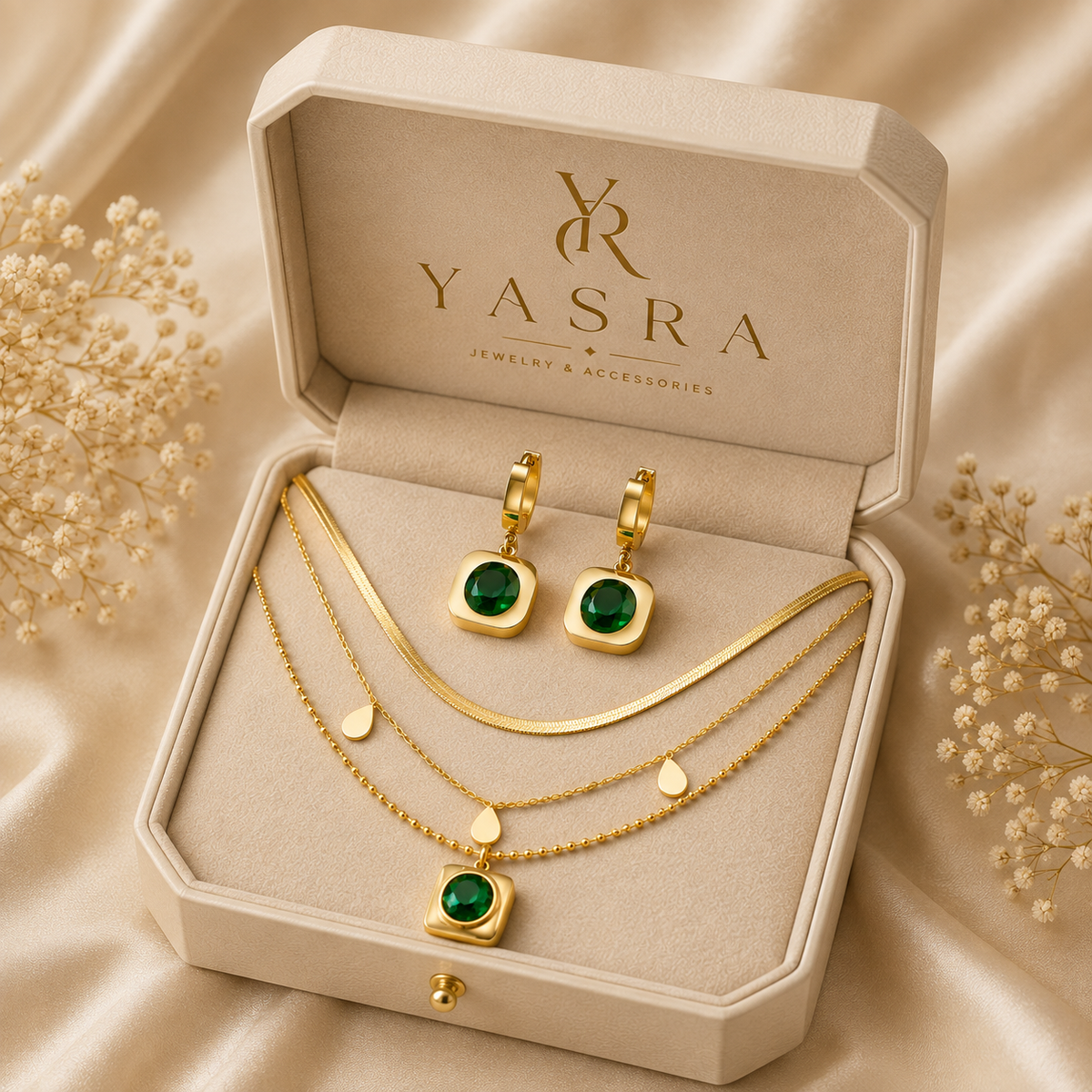 Parure Émeraude — 3 Colliers & Boucles d’Oreilles Pierres Vertes