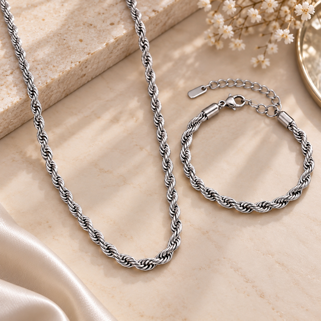 Ensemble Collier & Bracelet Chaîne Rope — finition argentée