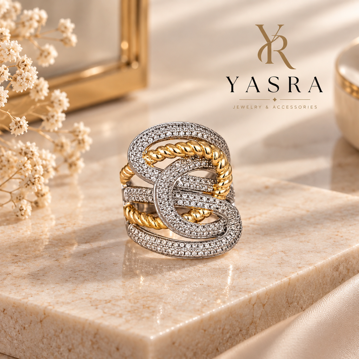 Bague Large Multi-Rangs Torsadée & Zircons Bicolore