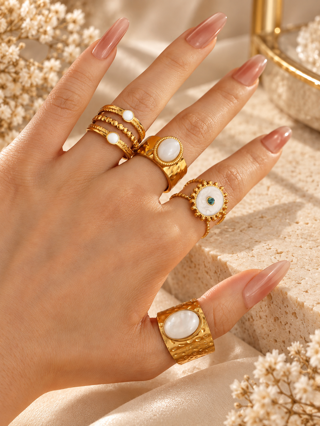 Bague Large Dorée Pierre Blanche — Au Choix