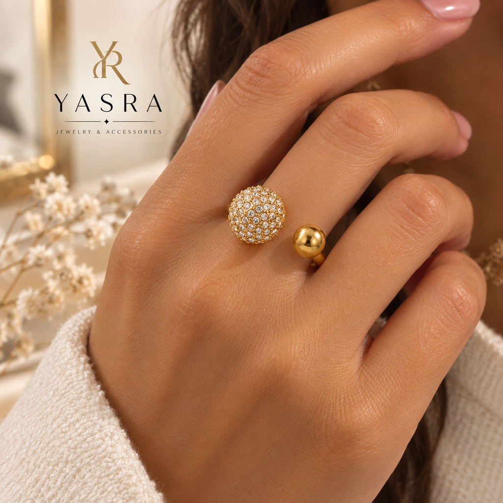 Bague Sphère Cristaux & Mini Boule Dorée